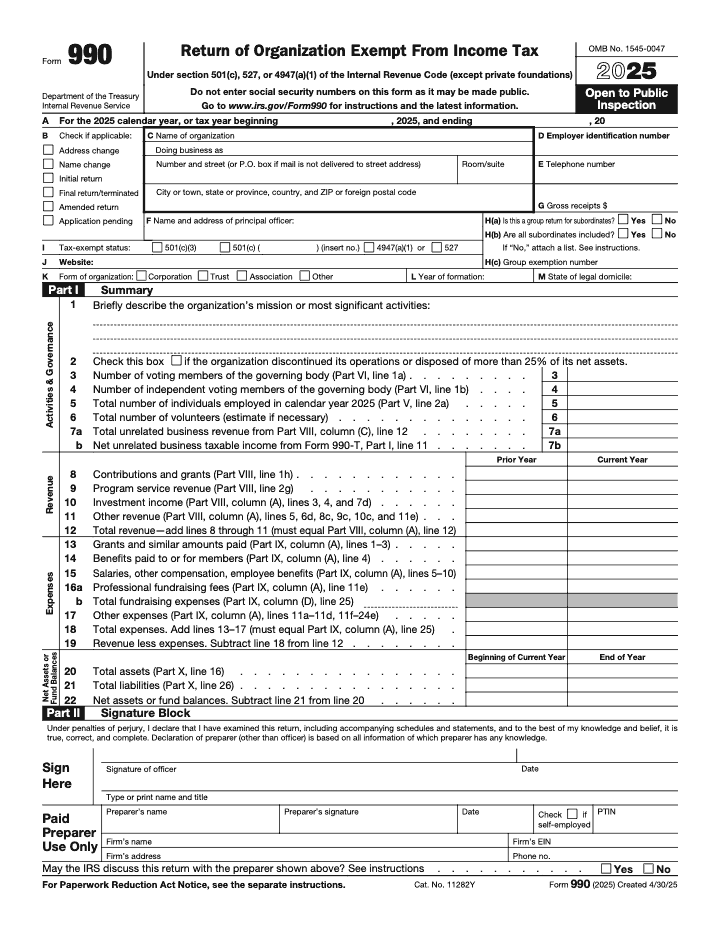 Page 1 of 12 of the official IRS Form 990 PDF (2025 edition): Parts I, VI, V, VIII