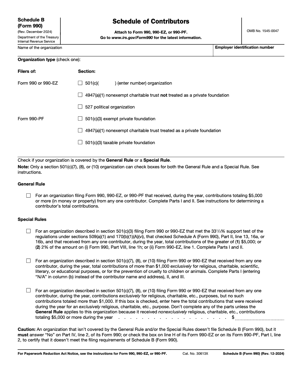 Page 1 of 4 of the official IRS Form 990 Schedule B PDF (Rev. December 2024): Parts II, VIII