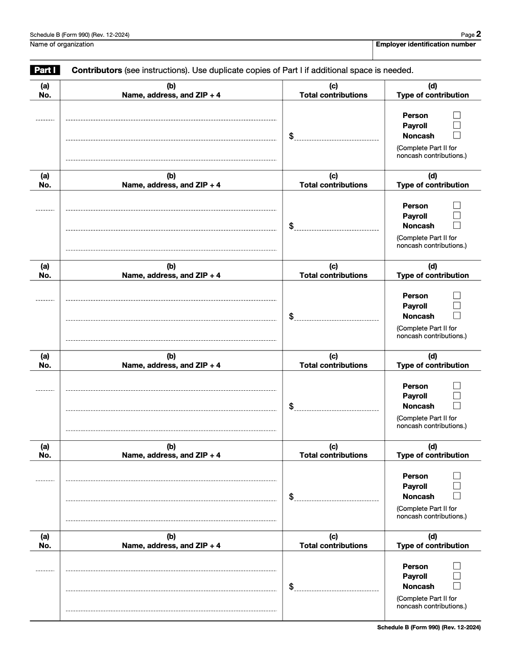 Page 2 of 4 of the official IRS Form 990 Schedule B PDF (Rev. December 2024): Parts I, II