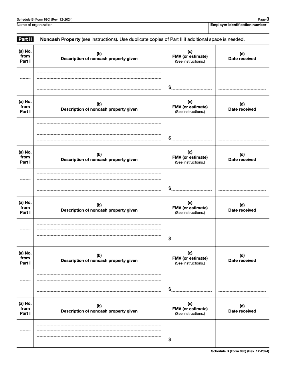 Page 3 of 4 of the official IRS Form 990 Schedule B PDF (Rev. December 2024): Parts II, I