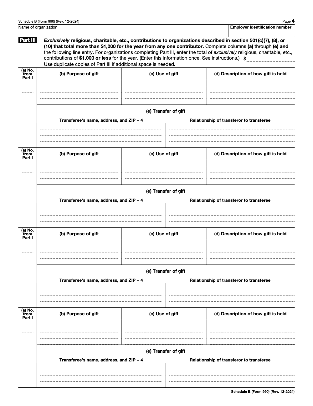 Page 4 of 4 of the official IRS Form 990 Schedule B PDF (Rev. December 2024): Parts III, I