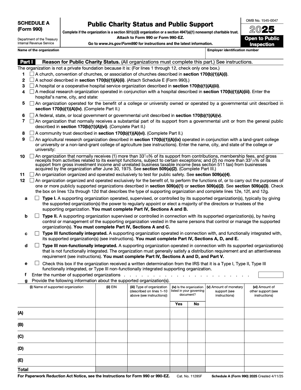 Page 1 of 8 of the official IRS Form 990 Schedule A PDF (2025 edition): Parts I, II, III