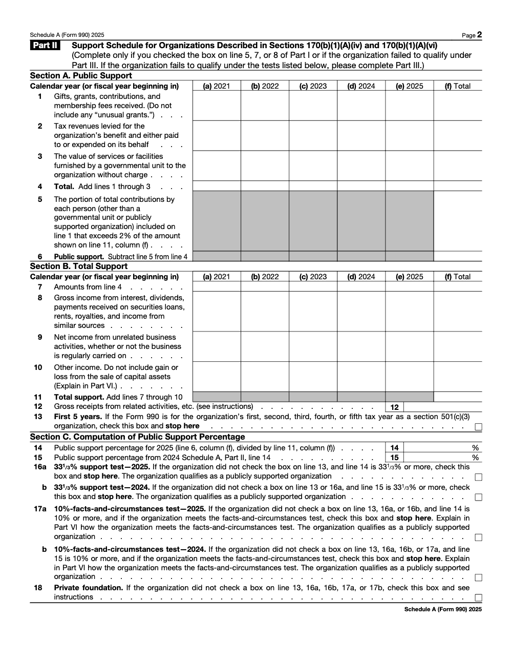 Page 2 of 8 of the official IRS Form 990 Schedule A PDF (2025 edition): Parts II, I, III, VI