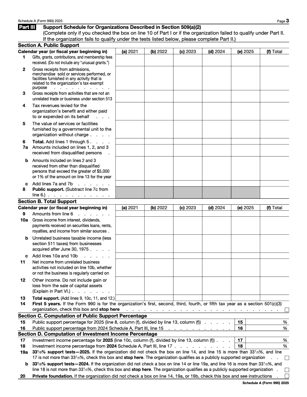 Page 3 of 8 of the official IRS Form 990 Schedule A PDF (2025 edition): Parts III, I, II, VI