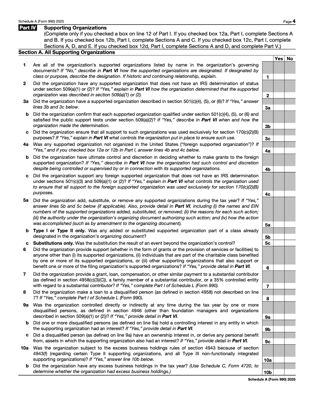 Page 4 of 8 of the official IRS Form 990 Schedule A PDF (2025 edition): Parts IV, I, V, VI