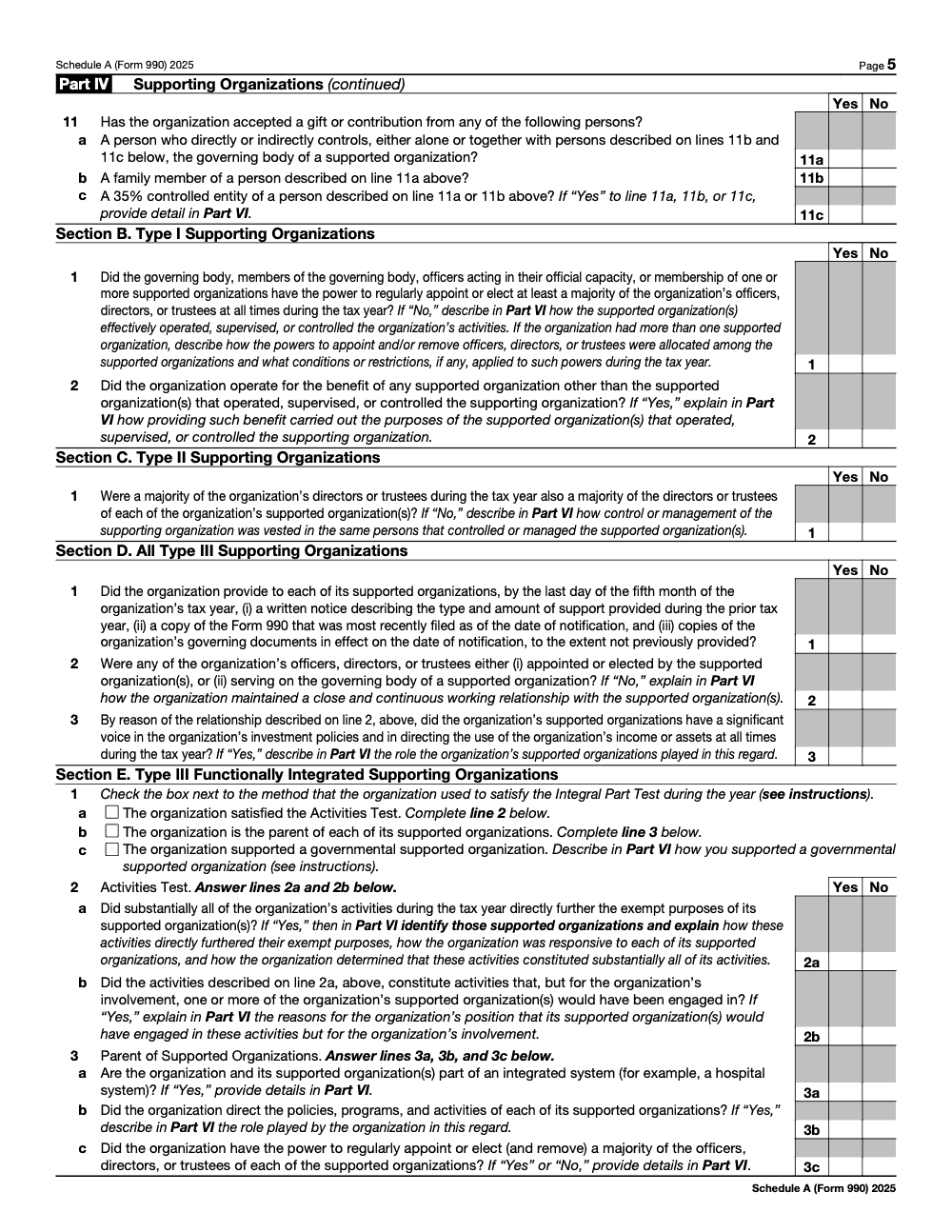 Page 5 of 8 of the official IRS Form 990 Schedule A PDF (2025 edition): Parts IV, VI