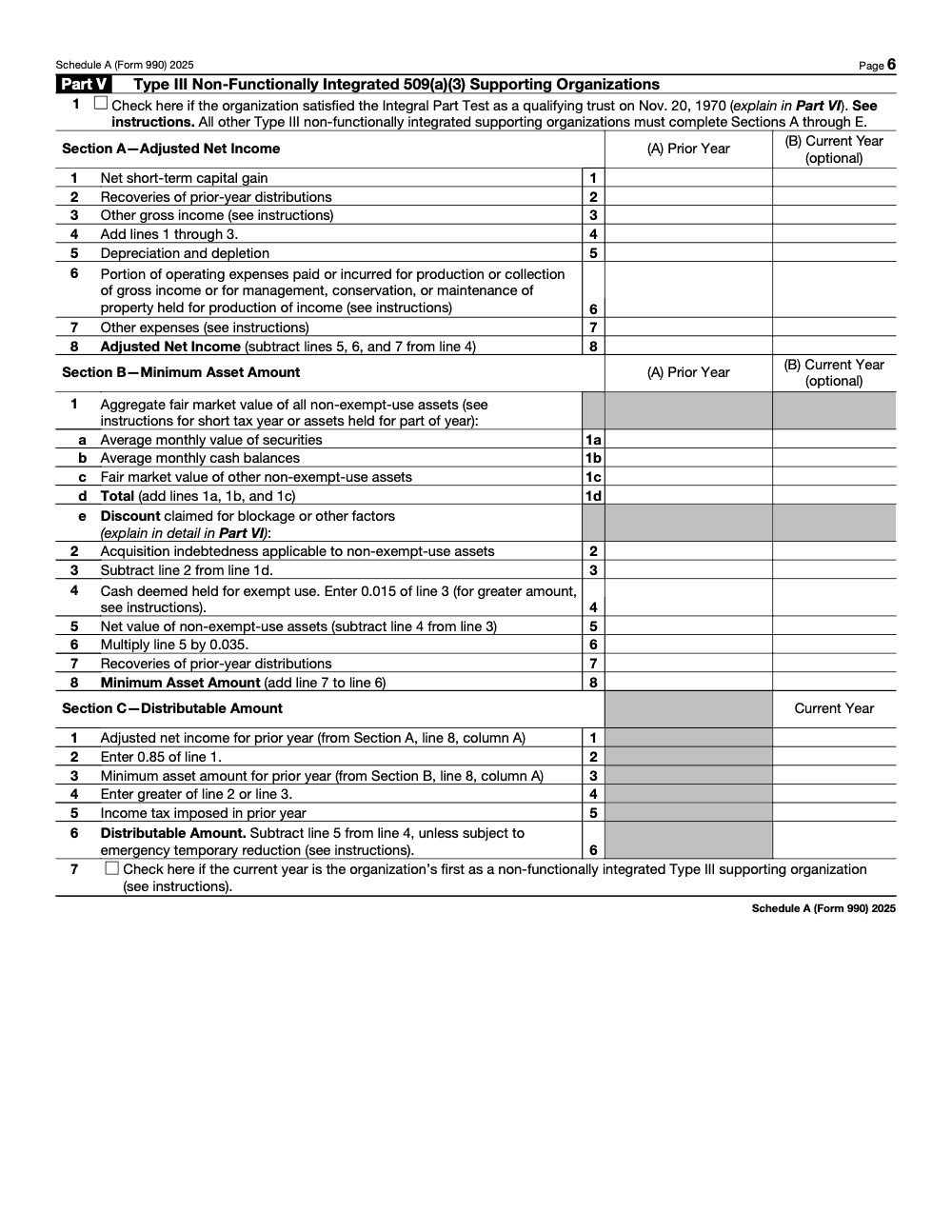 Page 6 of 8 of the official IRS Form 990 Schedule A PDF (2025 edition): Parts V, VI