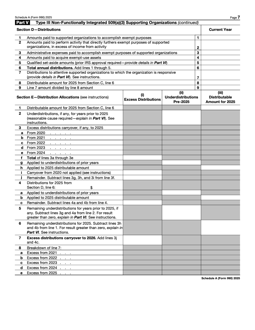 Page 7 of 8 of the official IRS Form 990 Schedule A PDF (2025 edition): Parts V, VI