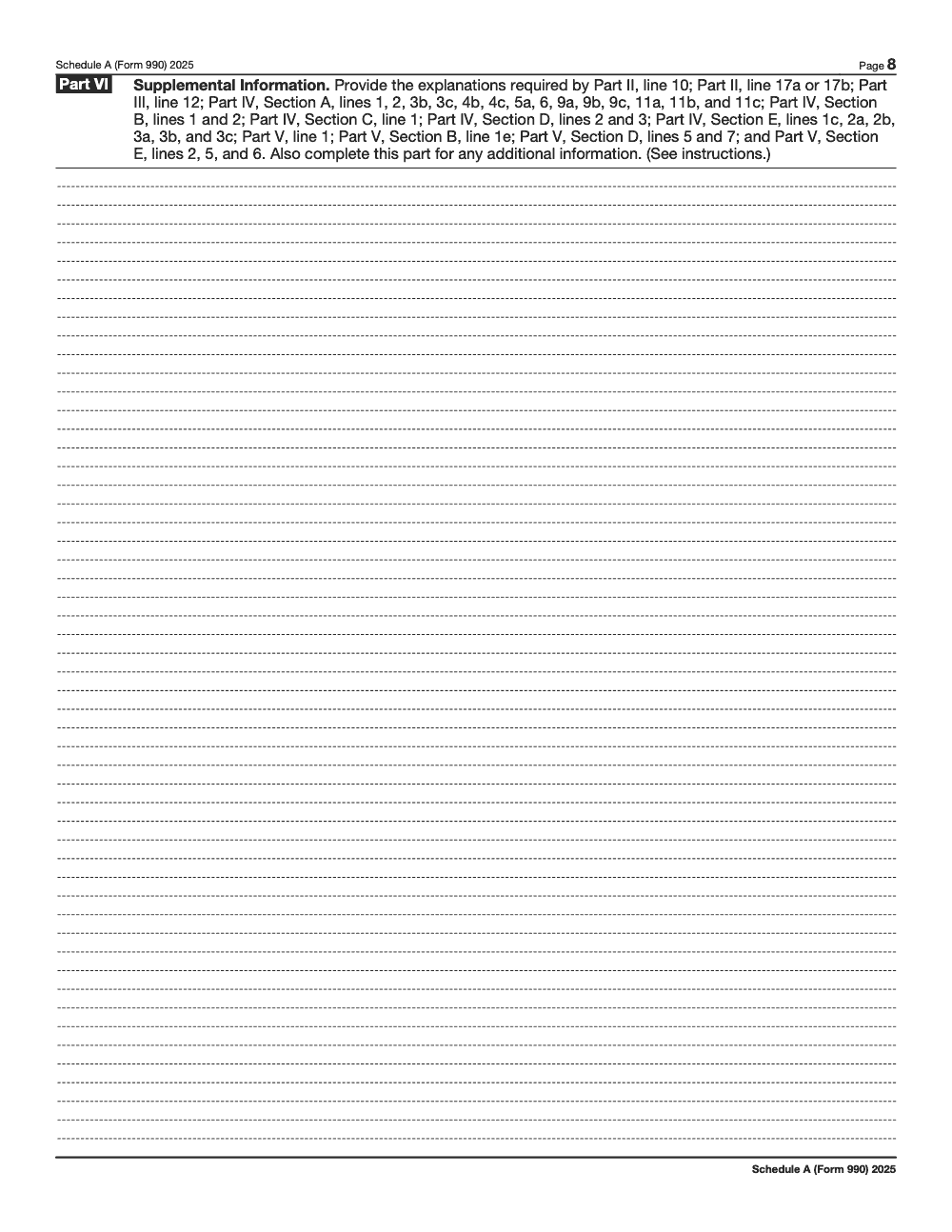 Page 8 of 8 of the official IRS Form 990 Schedule A PDF (2025 edition): Parts VI, II, IV, V