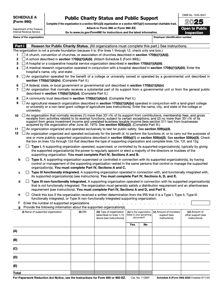 Page 1 of 8 of the official IRS Form 990 Schedule A PDF (2025 edition): Parts I, II, III