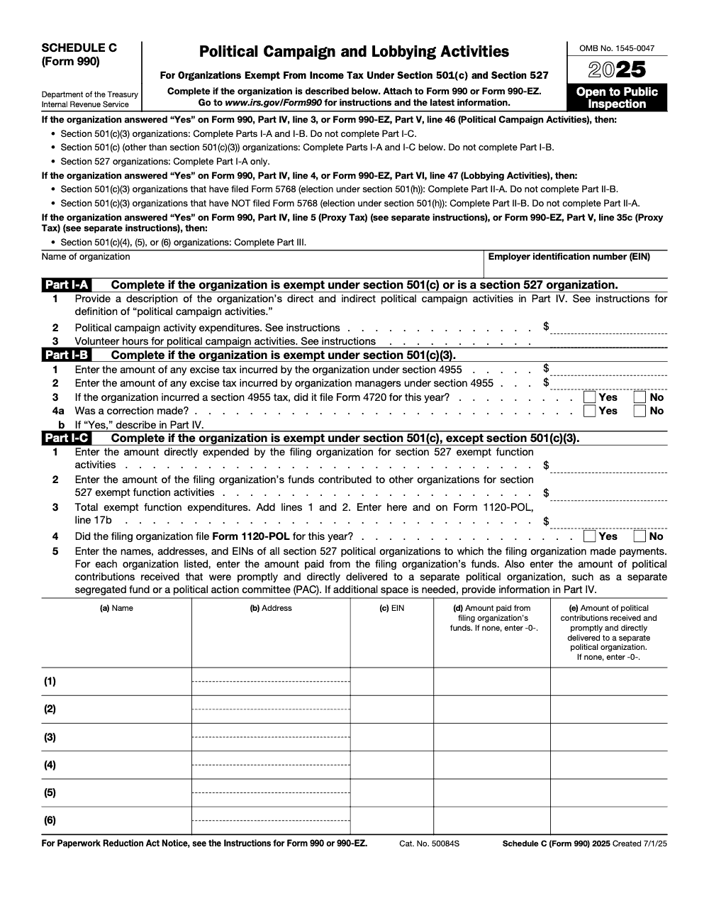 Page 1 of 4 of the official IRS Form 990 Schedule C PDF (2025 edition): Parts IV, V, I, VI, II, III