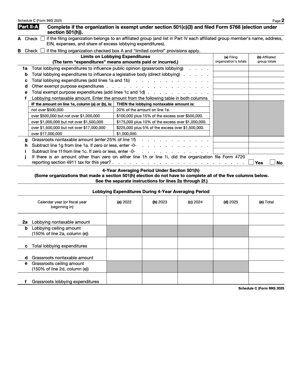 Page 2 of 4 of the official IRS Form 990 Schedule C PDF (2025 edition): Parts II, IV