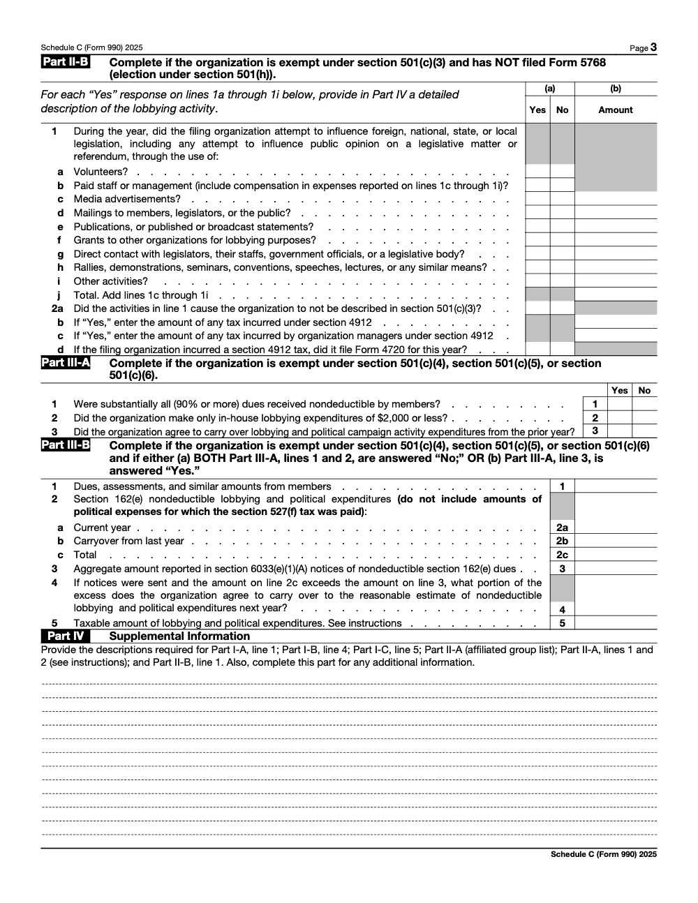 Page 3 of 4 of the official IRS Form 990 Schedule C PDF (2025 edition): Parts II, IV, III