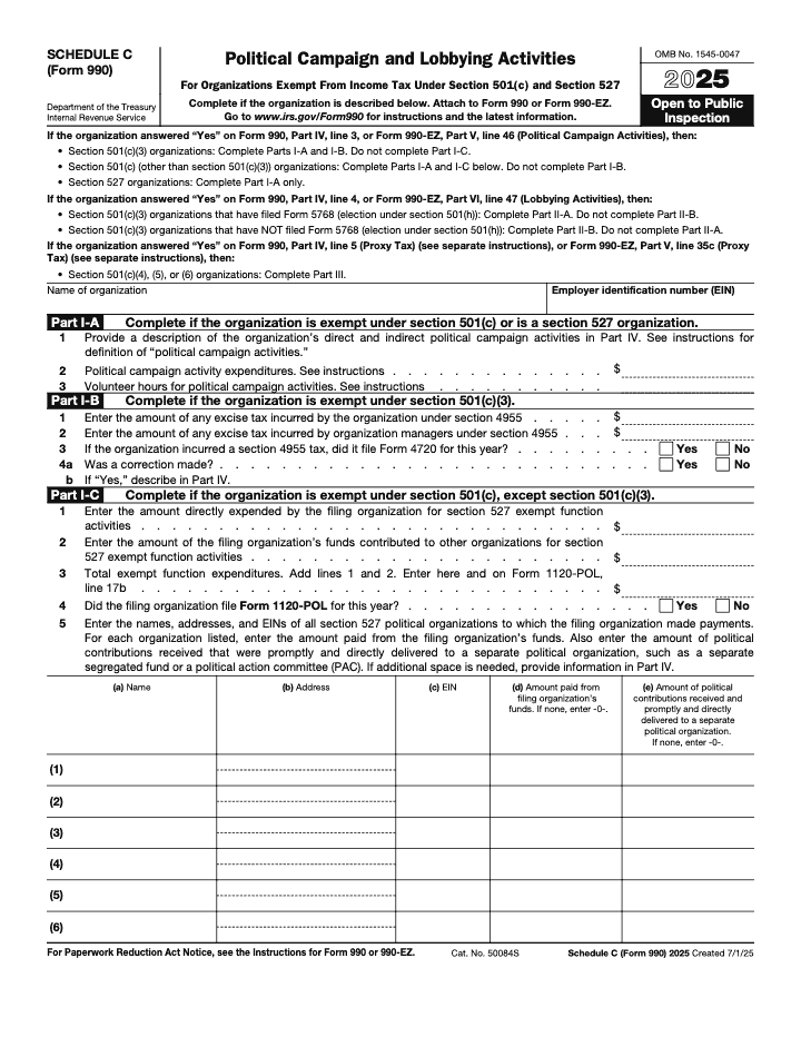 Page 1 of 4 of the official IRS Form 990 Schedule C PDF (2025 edition): Parts IV, V, I, VI, II, III