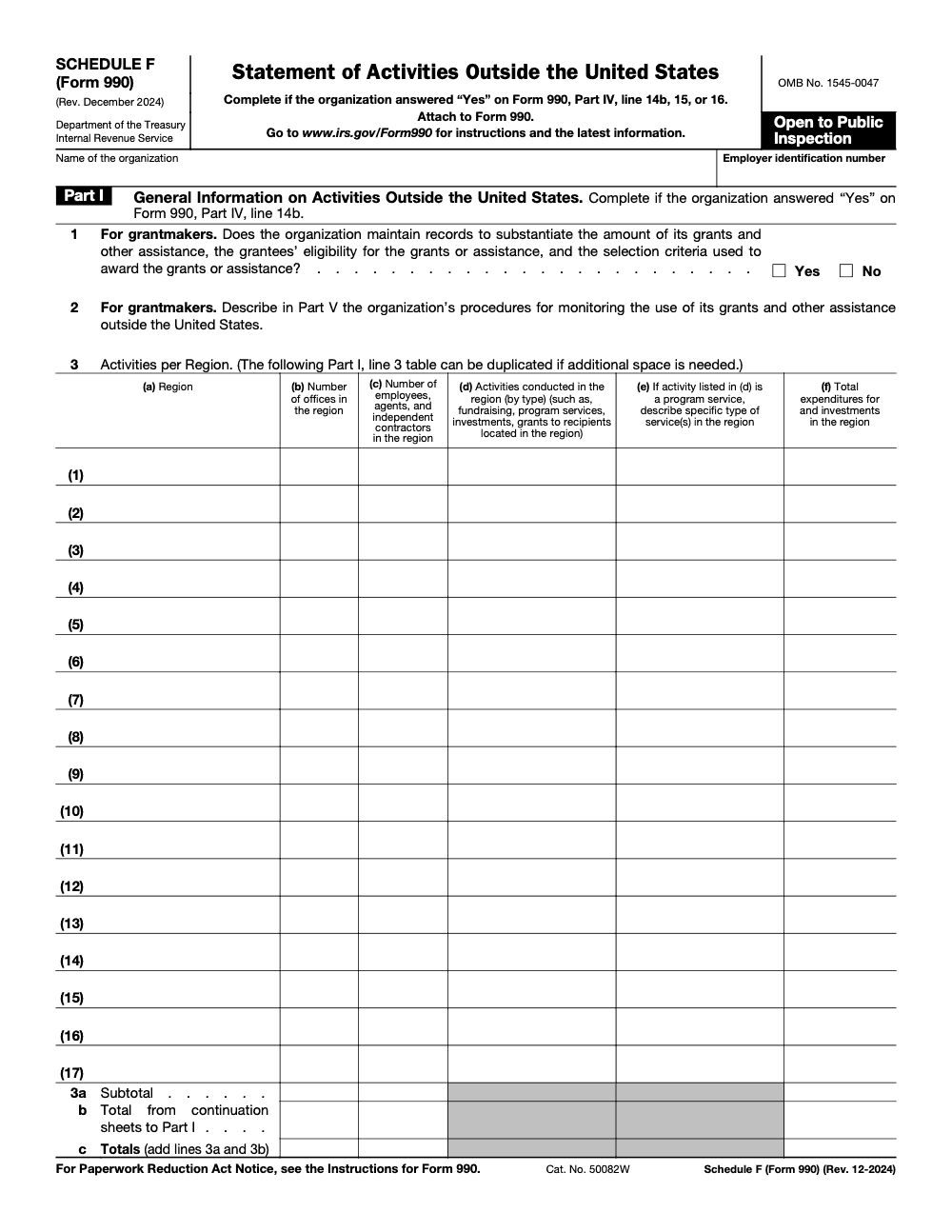 Page 1 of 5 of the official IRS Form 990 Schedule F PDF (Rev. December 2024): Parts IV, I, V