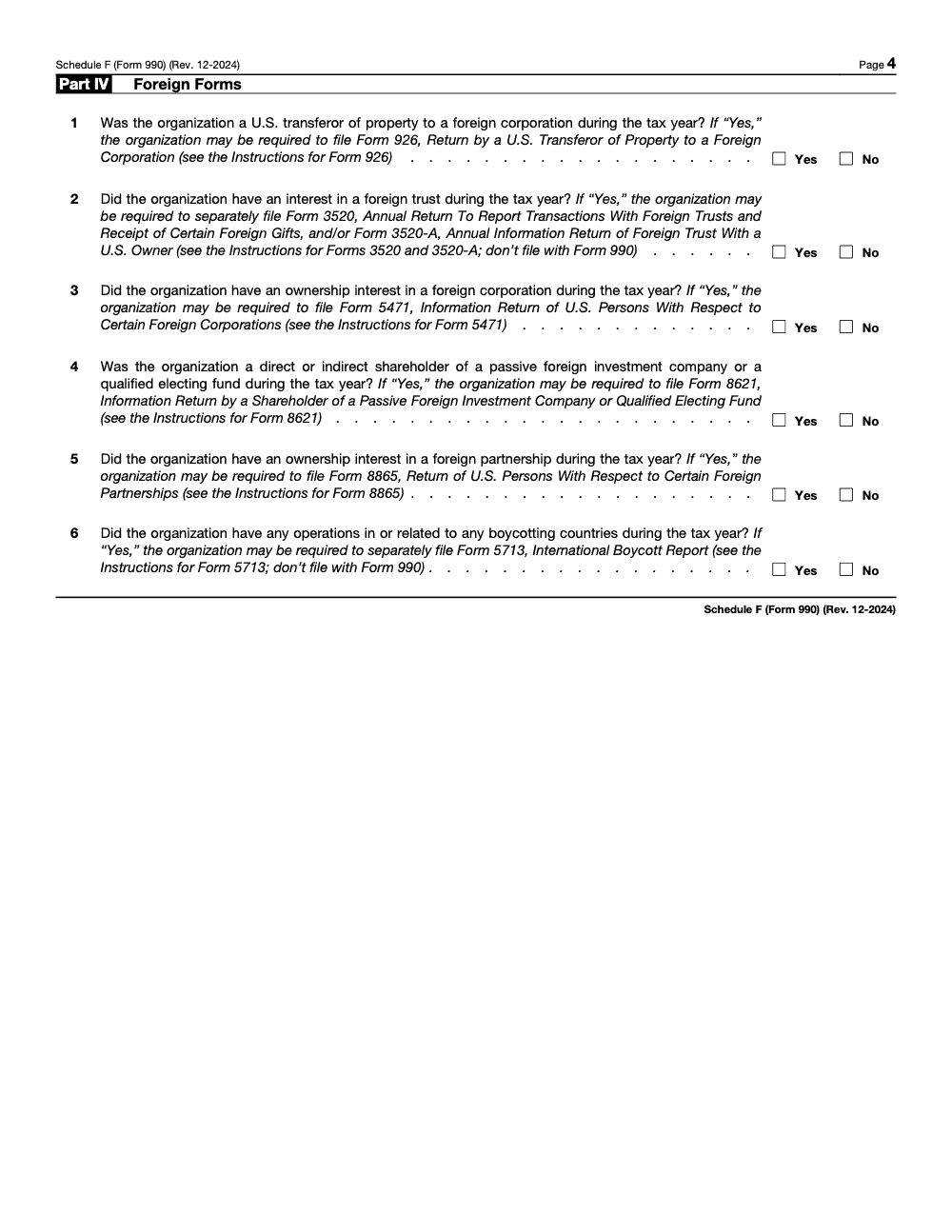 Page 4 of 5 of the official IRS Form 990 Schedule F PDF (Rev. December 2024): Part IV