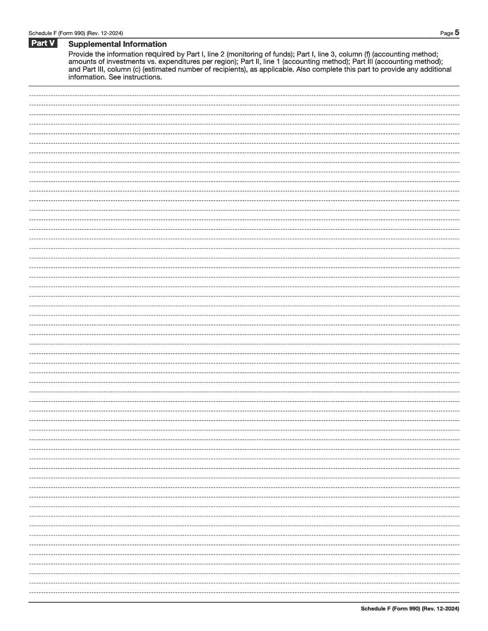 Page 5 of 5 of the official IRS Form 990 Schedule F PDF (Rev. December 2024): Parts V, I, II, III