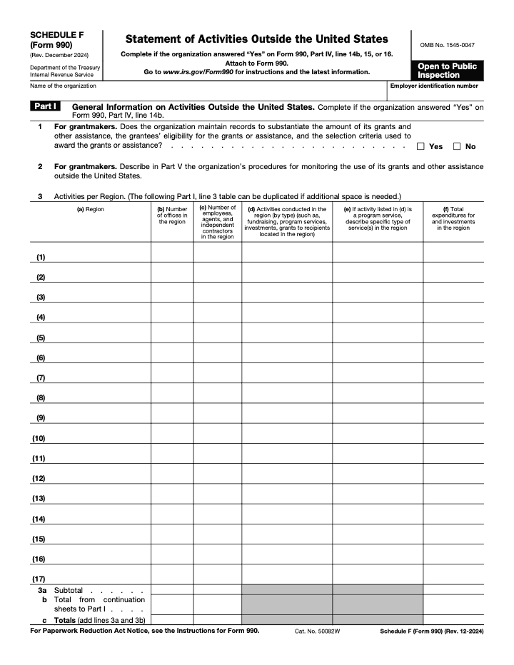 Page 1 of 5 of the official IRS Form 990 Schedule F PDF (Rev. December 2024): Parts IV, I, V