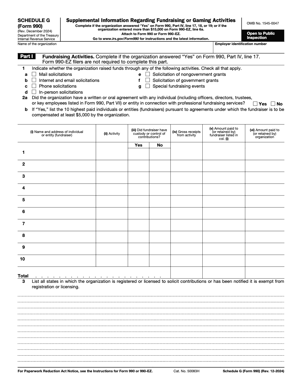 Page 1 of 3 of the official IRS Form 990 Schedule G PDF (Rev. December 2024): Parts IV, I, VII