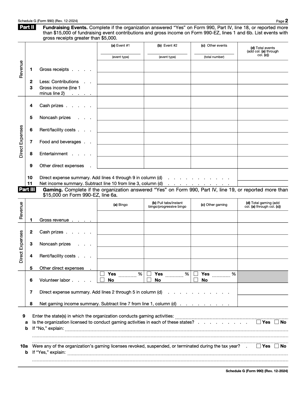 Page 2 of 3 of the official IRS Form 990 Schedule G PDF (Rev. December 2024): Parts II, IV, III