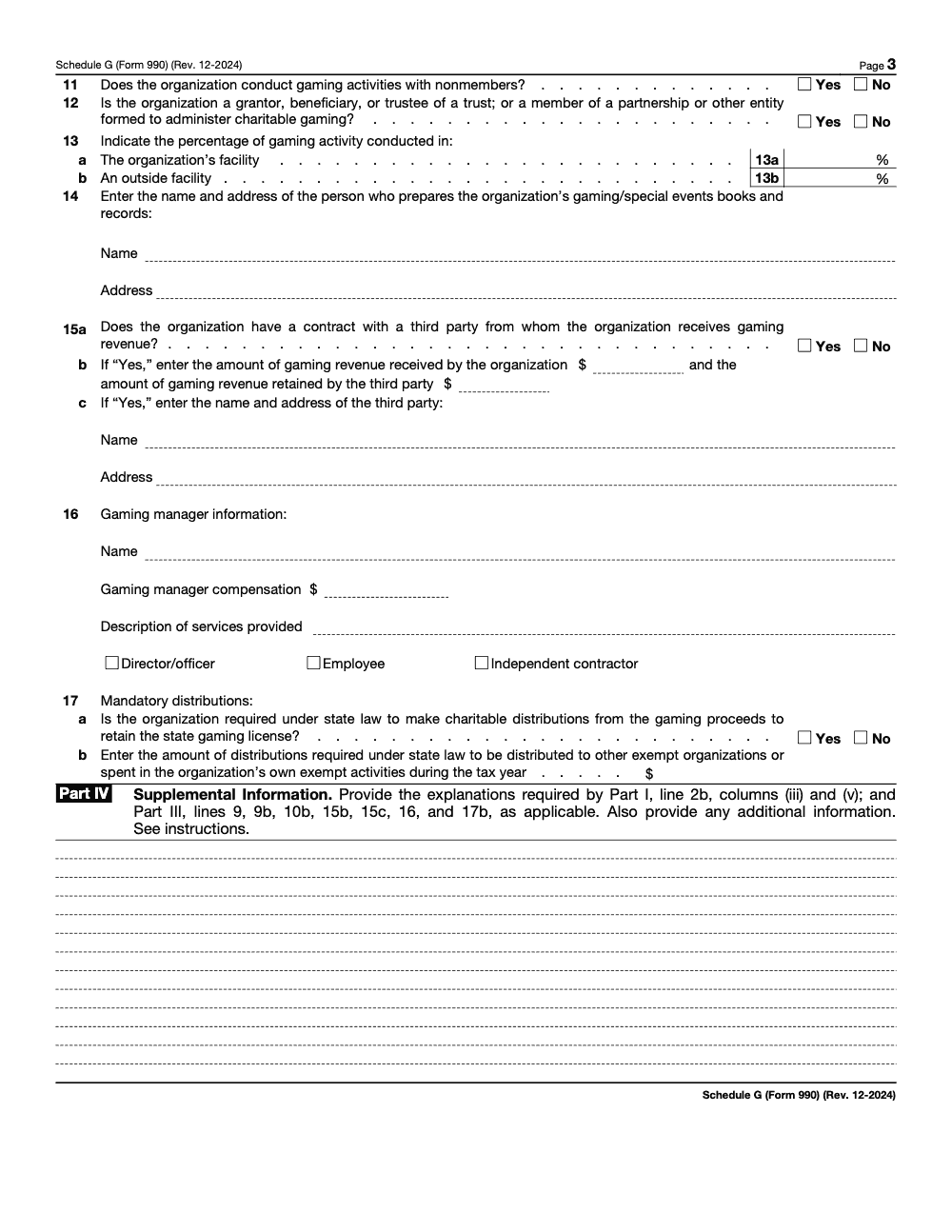 Page 3 of 3 of the official IRS Form 990 Schedule G PDF (Rev. December 2024): Parts IV, I, III