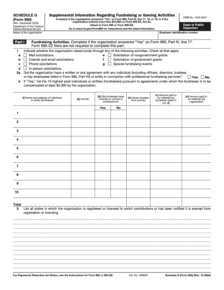 Page 1 of 3 of the official IRS Form 990 Schedule G PDF (Rev. December 2024): Parts IV, I, VII