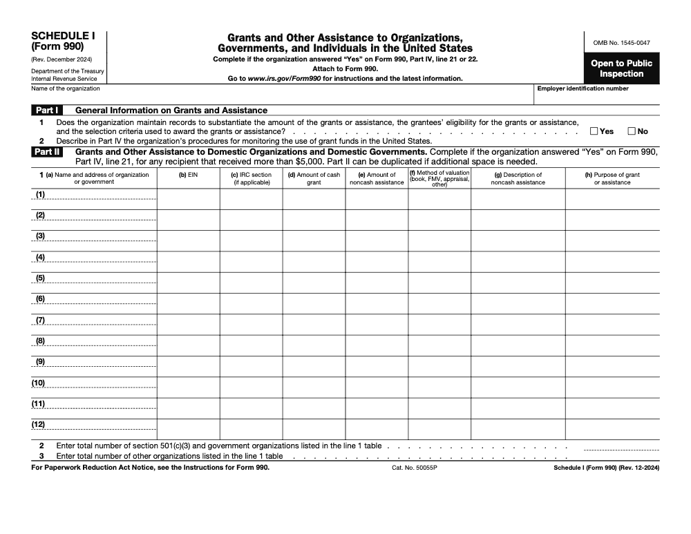 Page 1 of 2 of the official IRS Form 990 Schedule I PDF (Rev. December 2024): Parts IV, I, II