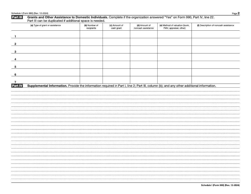 Page 2 of 2 of the official IRS Form 990 Schedule I PDF (Rev. December 2024): Parts III, IV, I