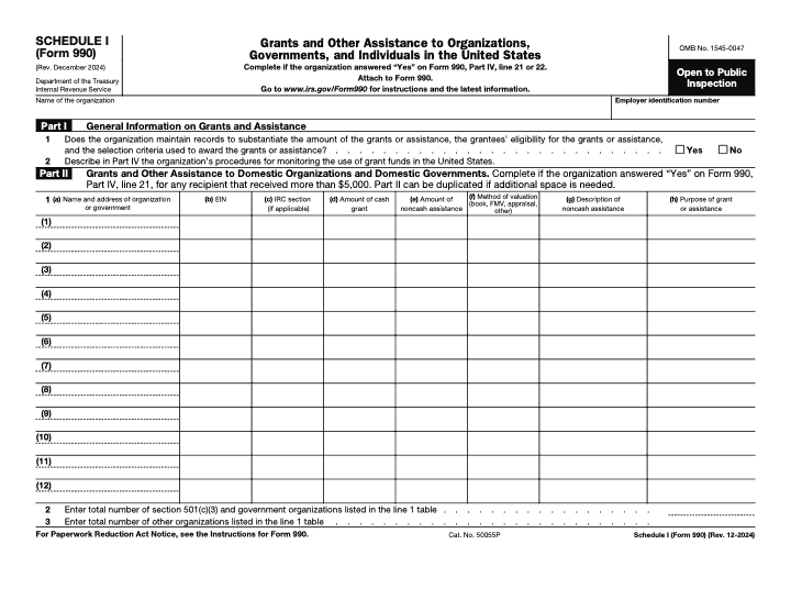 Page 1 of 2 of the official IRS Form 990 Schedule I PDF (Rev. December 2024): Parts IV, I, II