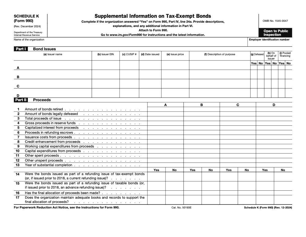 Page 1 of 4 of the official IRS Form 990 Schedule K PDF (Rev. December 2024): Parts IV, VI, I, II