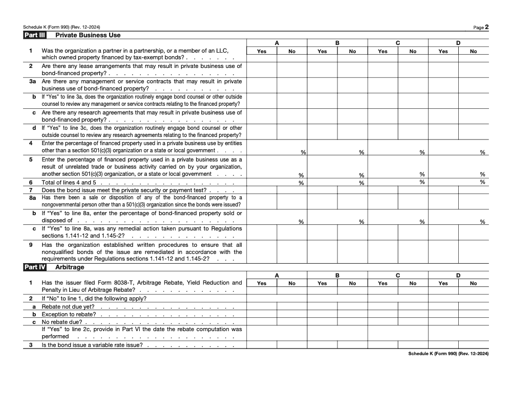 Page 2 of 4 of the official IRS Form 990 Schedule K PDF (Rev. December 2024): Parts III, IV