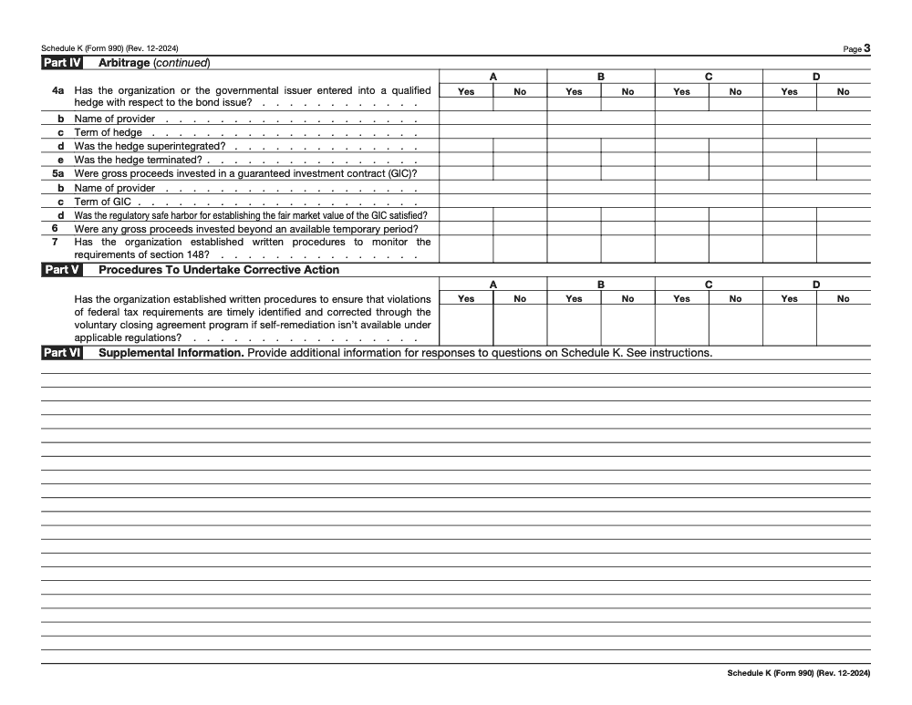 Page 3 of 4 of the official IRS Form 990 Schedule K PDF (Rev. December 2024): Parts IV, V, VI