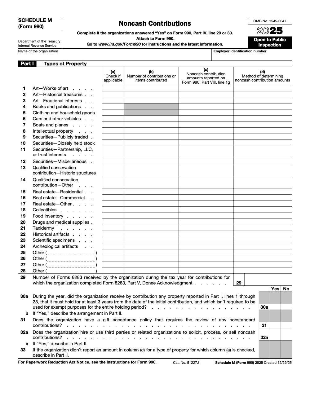 Page 1 of 5 of the official IRS Form 990 Schedule M PDF (2025 edition): Parts IV, I, VIII, V, II