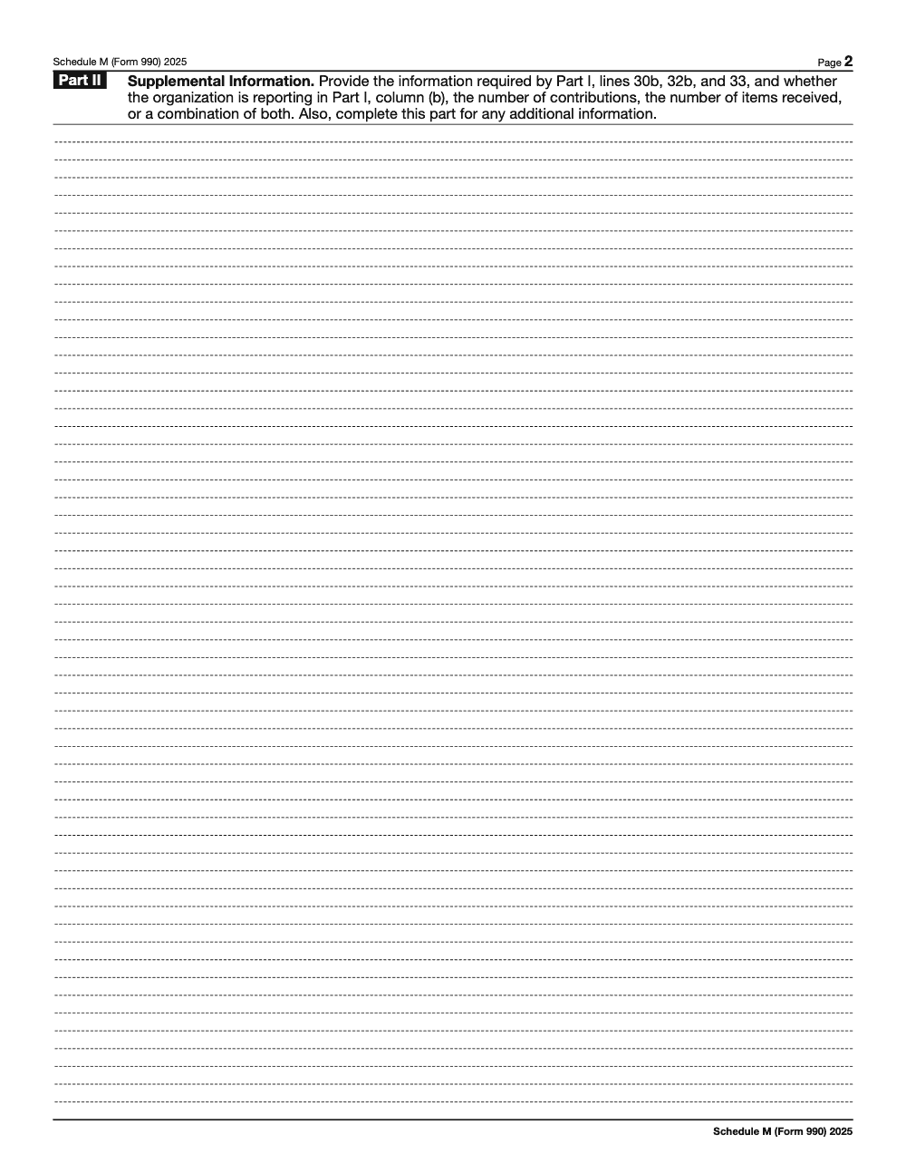 Page 2 of 5 of the official IRS Form 990 Schedule M PDF (2025 edition): Parts II, I