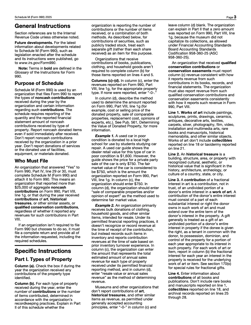 Page 3 of 5 of the official IRS Form 990 Schedule M PDF (2025 edition): Parts IV, VIII, I; instructions