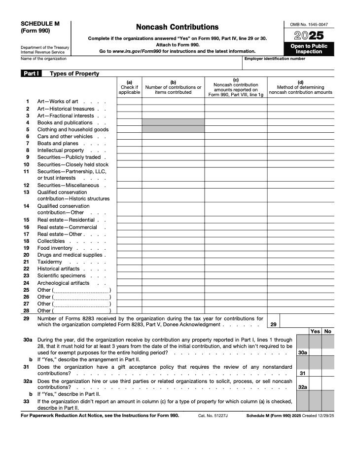 Page 1 of 5 of the official IRS Form 990 Schedule M PDF (2025 edition): Parts IV, I, VIII, V, II