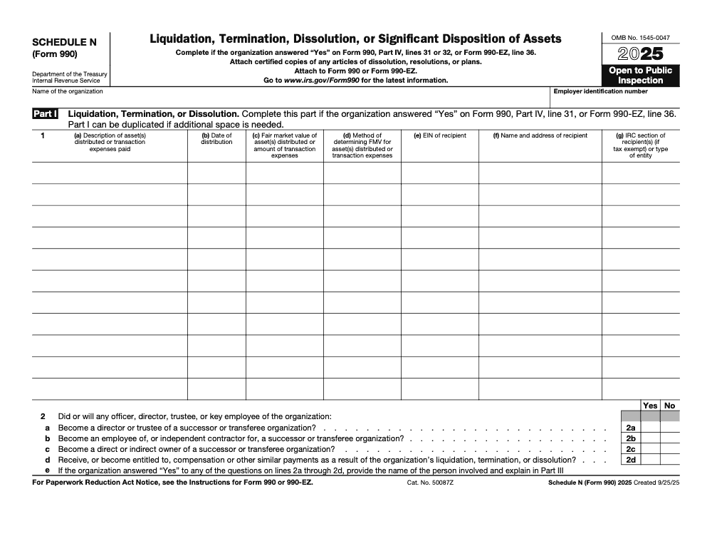 Page 1 of 5 of the official IRS Form 990 Schedule N PDF (2025 edition): Parts IV, I, III