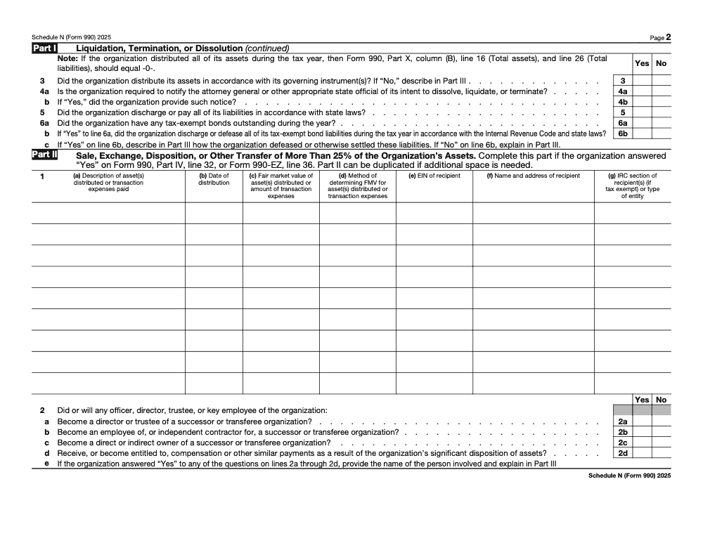 Page 2 of 5 of the official IRS Form 990 Schedule N PDF (2025 edition): Parts I, X, III, II, IV