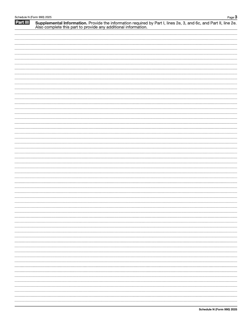 Page 3 of 5 of the official IRS Form 990 Schedule N PDF (2025 edition): Parts III, I, II
