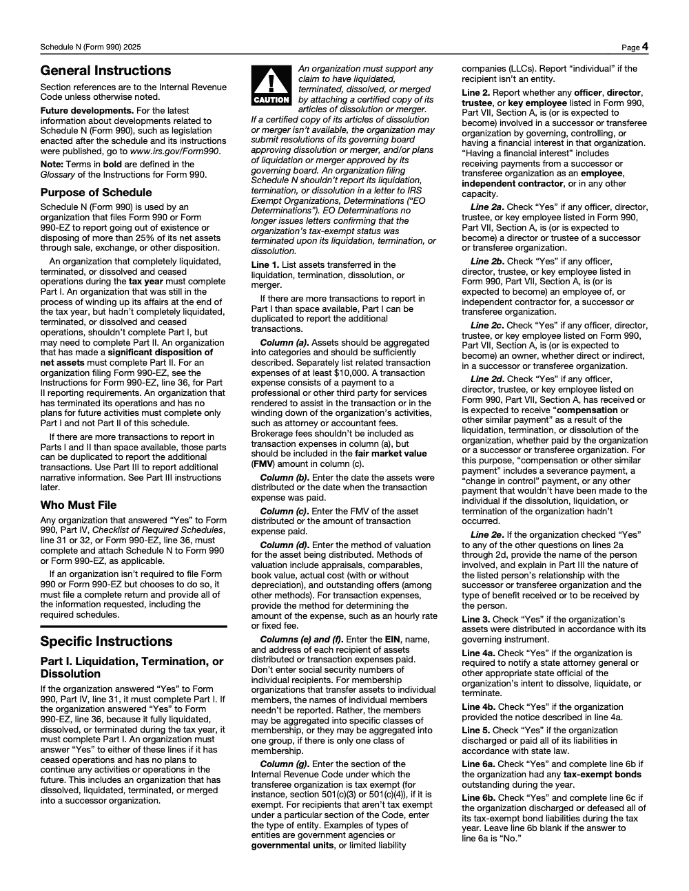 Page 4 of 5 of the official IRS Form 990 Schedule N PDF (2025 edition): Parts I, II, III, IV; instructions
