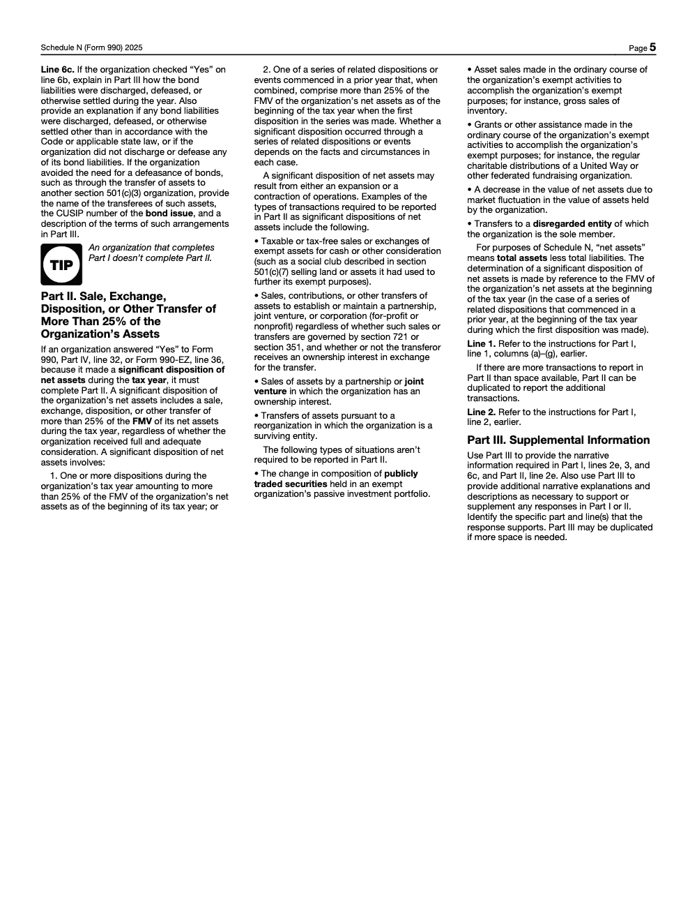 Page 5 of 5 of the official IRS Form 990 Schedule N PDF (2025 edition): Parts III, I, II, IV