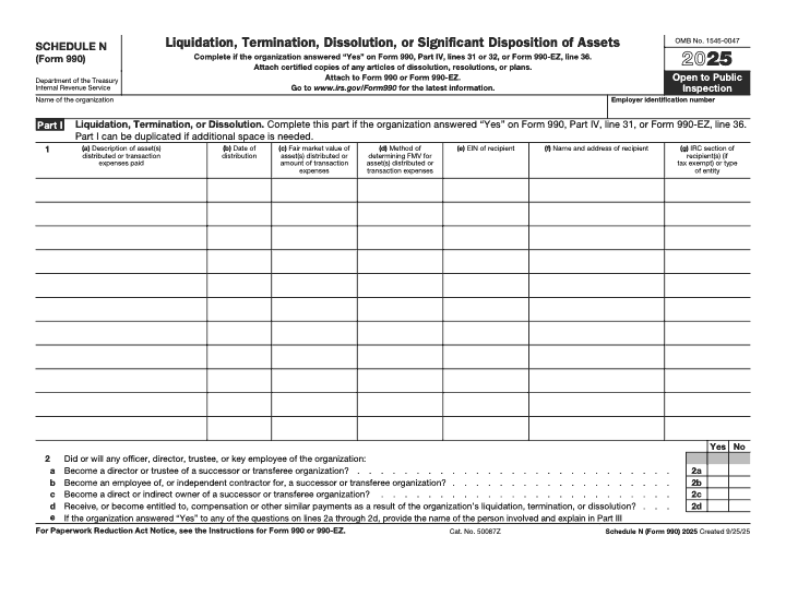 Page 1 of 5 of the official IRS Form 990 Schedule N PDF (2025 edition): Parts IV, I, III
