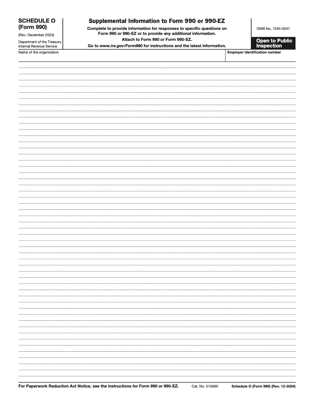 Page 1 of 1 of the official IRS 990 Schedule O PDF (Rev. December 2024)