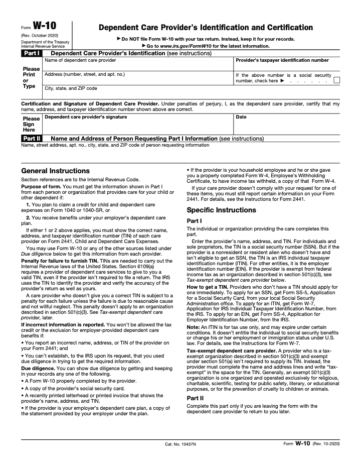 Page 1 of 1 of the official IRS Form W-10 PDF (Rev. October 2020): Parts I, II; instructions