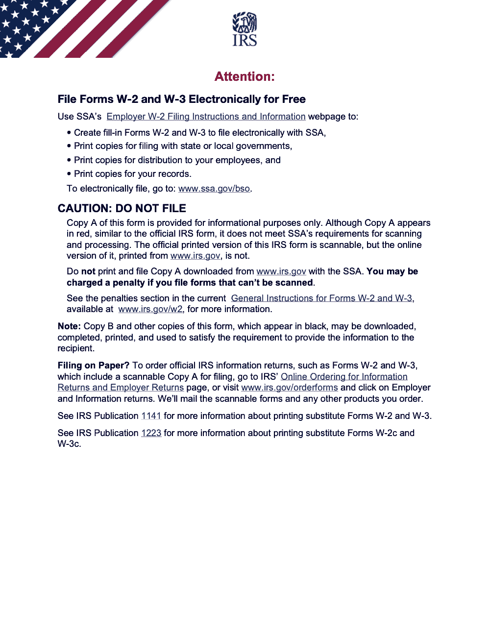 Page 1 of 11 of the official IRS Form W‑2 PDF (2026 edition): IRS “Attention” notice for filers