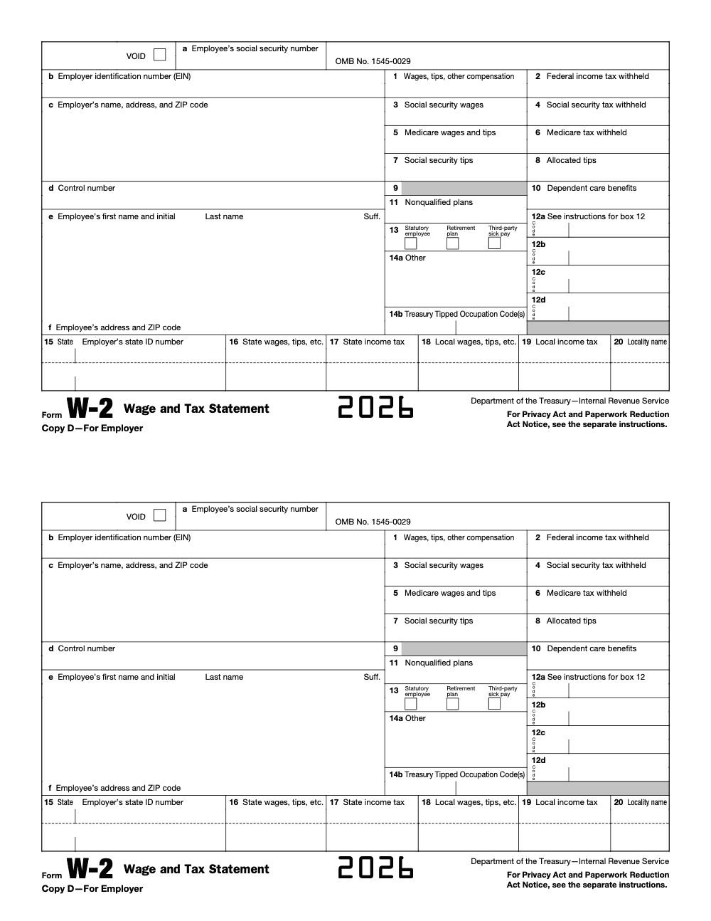 Page 10 of 11 of the official IRS Form W‑2 PDF (2026 edition): Copy D – For Employer