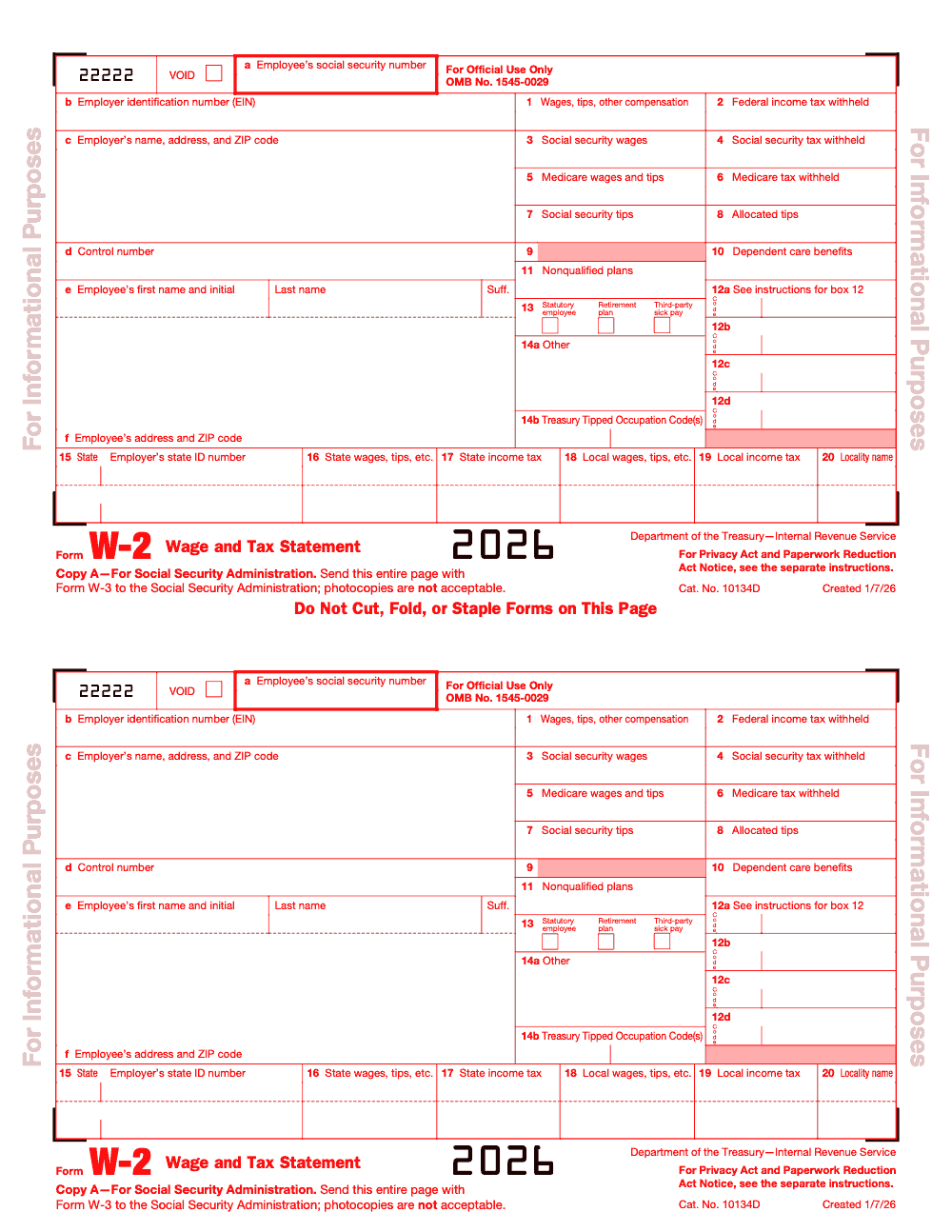Page 2 of 11 of the official IRS Form W‑2 PDF (2026 edition): Copy A – For Social Security Administration