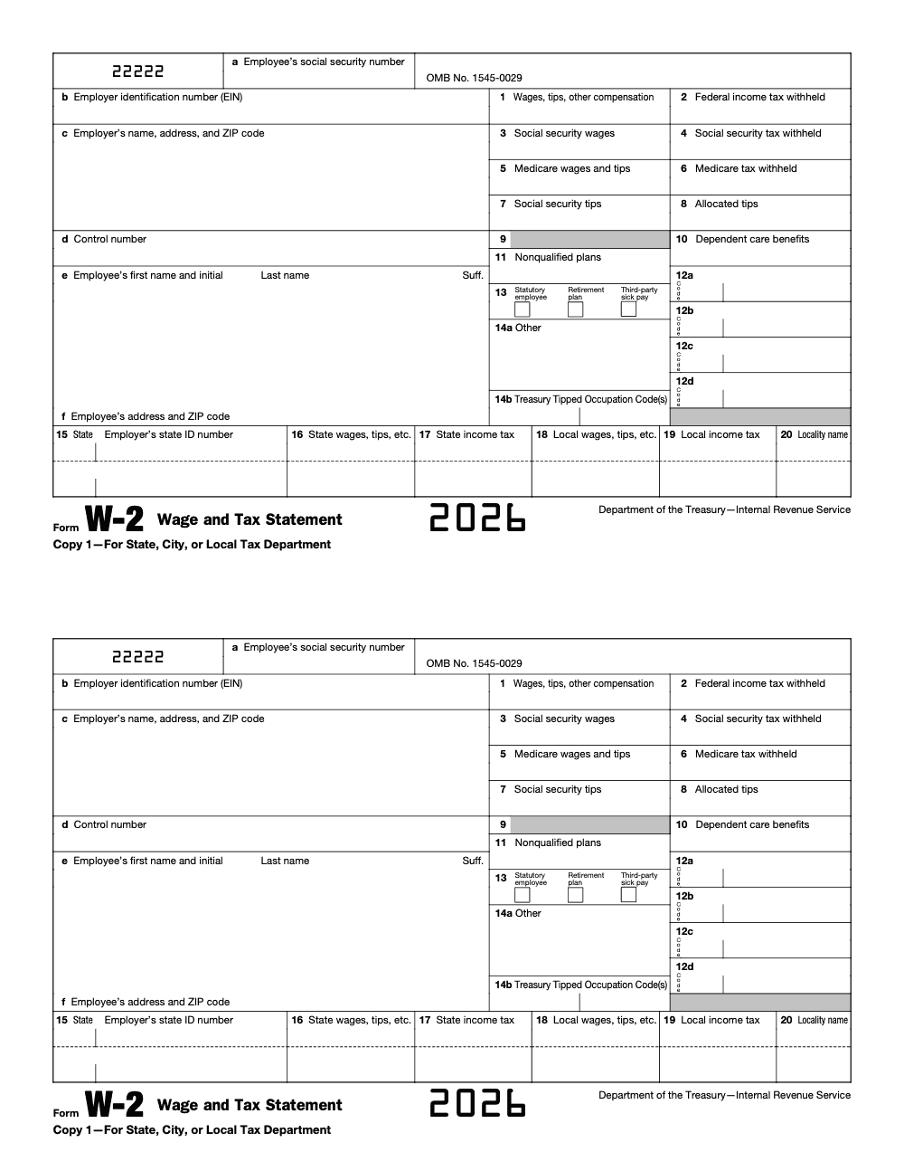 Page 3 of 11 of the official IRS Form W‑2 PDF (2026 edition): Copy 1 – For State, City, or Local Tax Department