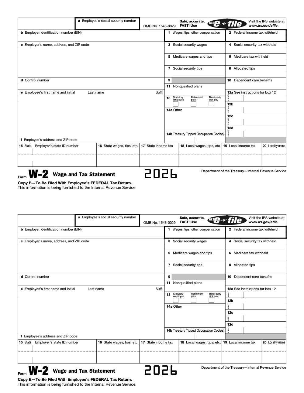 Page 4 of 11 of the official IRS Form W‑2 PDF (2026 edition): Copy B – To Be Filed With Employee’s FEDERAL Tax Return