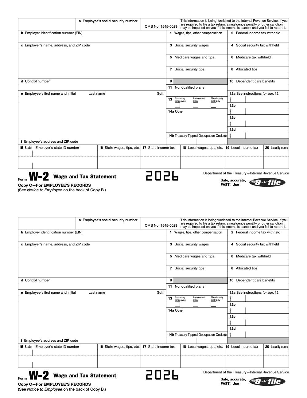 Page 6 of 11 of the official IRS Form W‑2 PDF (2026 edition): Copy C – For EMPLOYEE’S RECORDS